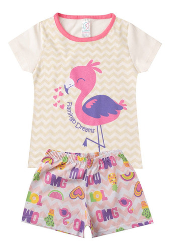 Conjunto Pijama Infantil Menina De Algodão Flamingo Bege