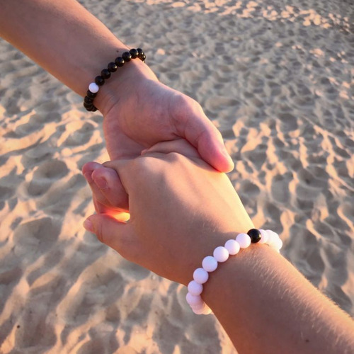 Par De Pulseras De Distancia Elaborada De Cuarzo Para Pareja Ónix - Ojo De Buey 15 Cm 15 Cm