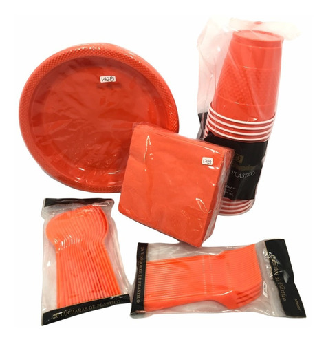 Kit Premium P 20 Desechables Naranja Platos Vasos Cubiertos
