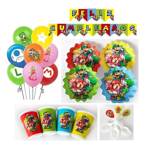 Kit Fiesta Super Mario Bros Para 10 Niños