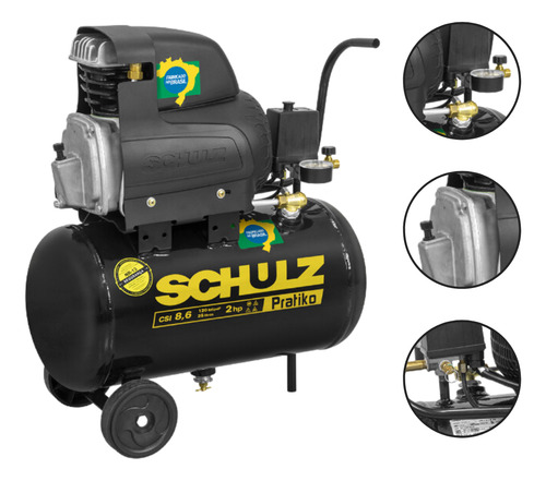 Compressor De Ar Csi 8,6 25 Litros Pratiko 2hp Schulz Cor Preto Fase Elétrica Monofásica