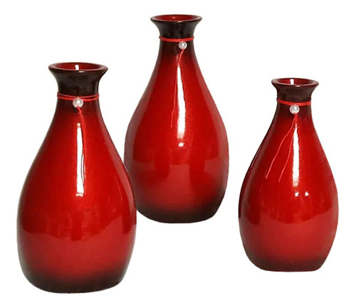 Trio Vasos Garrafas Belly Em Cerâmica De Sala Vermelho