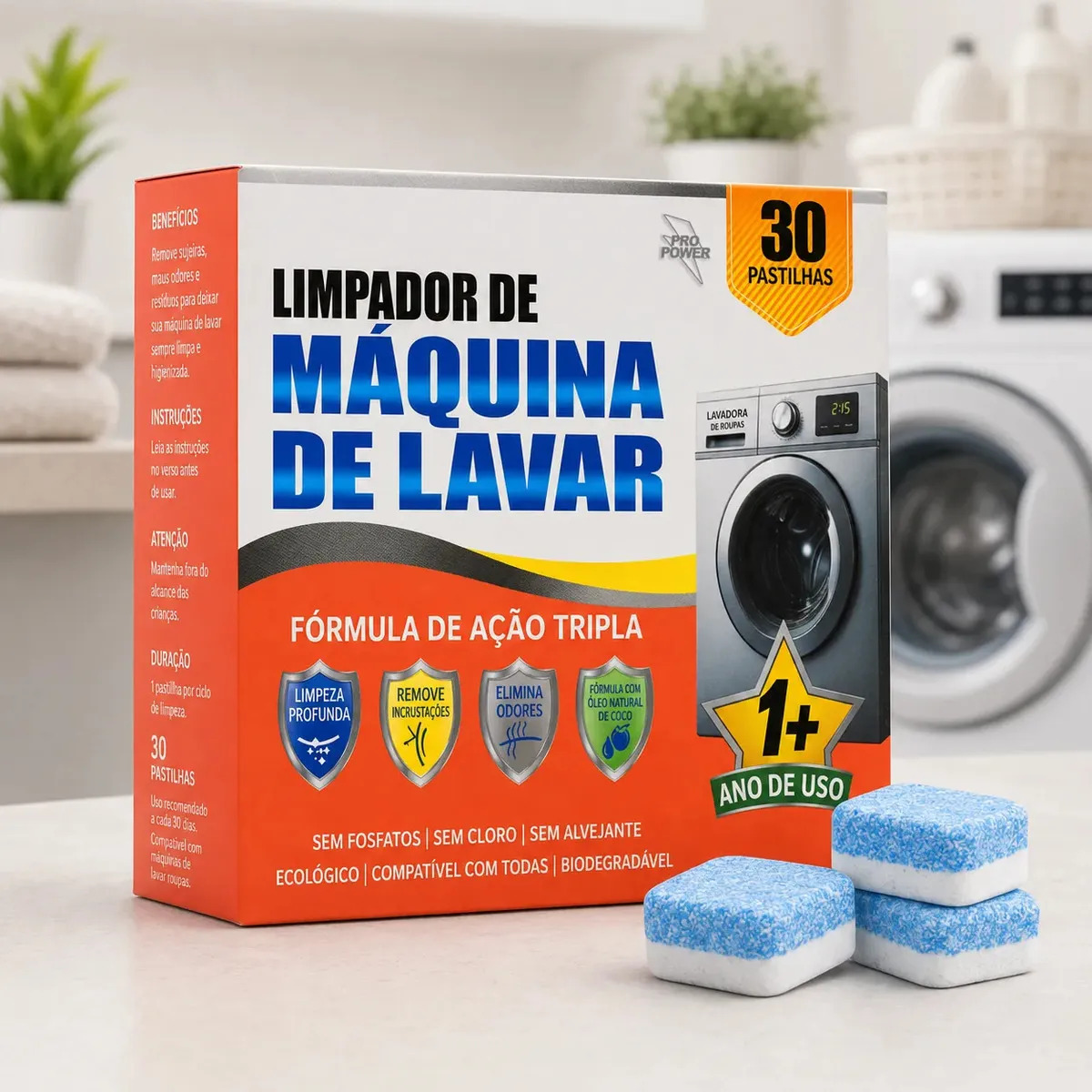 Kit 30 Pastilhas Limpador Máquina De Lavar Roupas Limpeza Profunda Descalcificante Remove Odores Resíduos Sujeiras Tambor Lavadora Tabletes Higienização Biodegradável