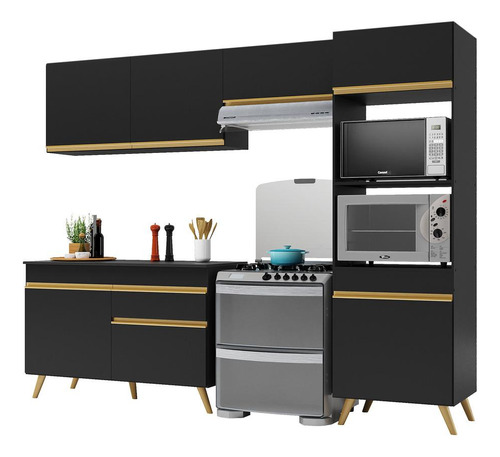 Cozinha Compacta 4pç C/ Armário E Balcão Mp3693 Veneza Gb Pt Cor Preto