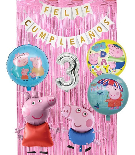 Kit Decoración Peppa Pig Globos+cortina+banderin Rosa Pálido