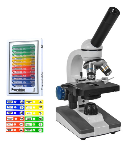 Microscópio Monocular + 12 Lâminas Preparadas Plásticas 640x