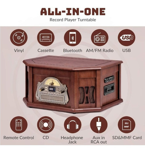Tocadiscos Clásico De Madera 10 En 1 Conexión Bluetooth