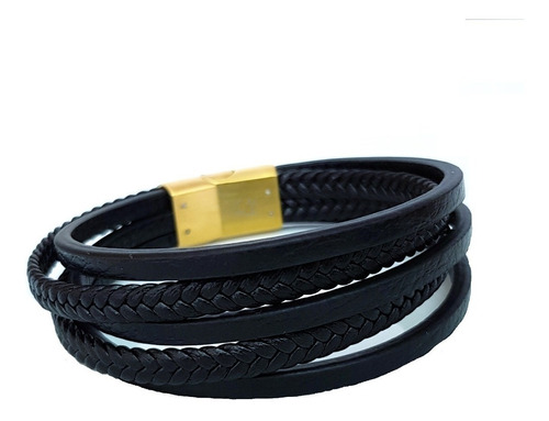 Pulseira Masculina Couro Legítimo E Aço Banhada Ouro 18k