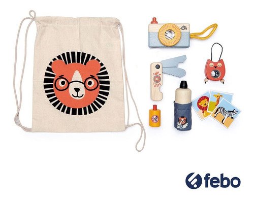 Imagen 2 de 5 de Kit Aventura Safari Juguetes En Madera + Bolsa P/ Niños Febo