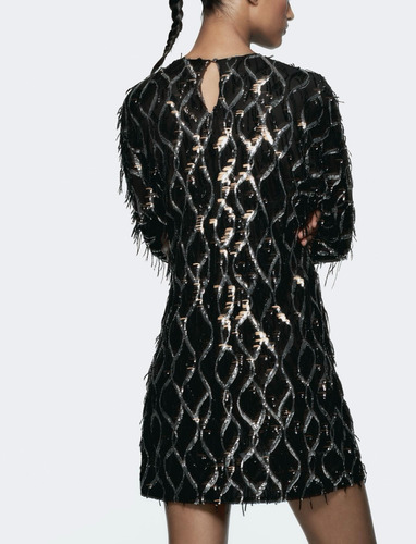 Vestido Zara M Negro Con Flecos De Lentejuelas Plata Fiesta