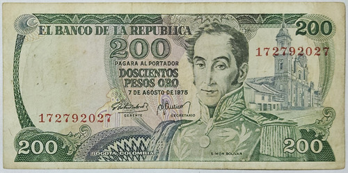 Billete 200 Pesos 07/ago/1975 9 Digitos Colombia Vf