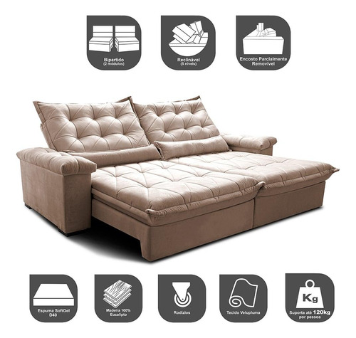 Sofá Retrátil 2,95m Cama Inbox Big Fresh. Com Softgel d40 Cor Bege