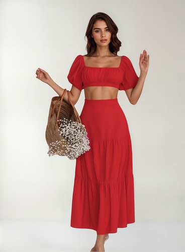Conjunto Campesino Croptop Con Falda Holgada Para Mujer