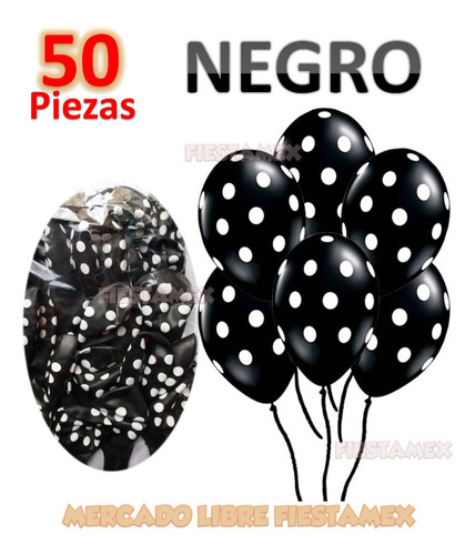 50 Pzs Globos Negro Puntos Blancos Lunares Globo Polka