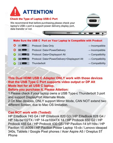 Adaptador Usb C A Hdmi Dual, Divisor Usb C 2 Monitores De Pa