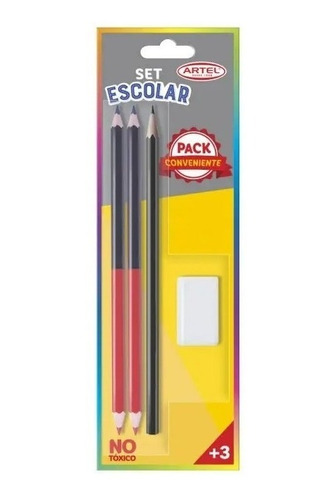 Set Escolar 2 Lápices Bicolor, Lapiz Grafito, Borrador Artel