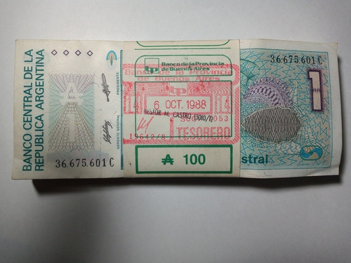 Fajo 100 Billetes Correlativos De 1 Austral Sin Uso - 1988