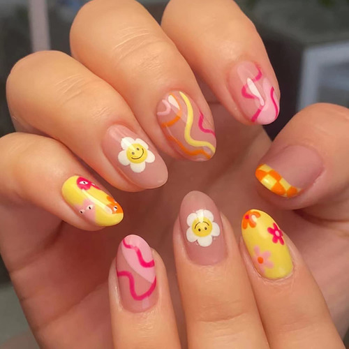 24 Pcs Flower Press En Las Uñas Cortas, Puntas De Almendras,