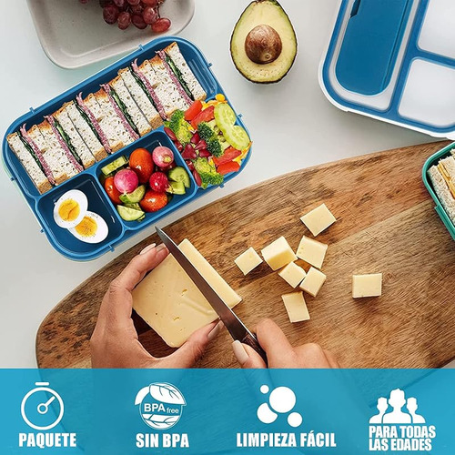 Lonchera Bento 1300ml Con 4 Compartimentos Y Cubiertos
