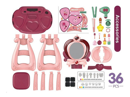 Imagen 3 de 6 de Peinadora Grande 36 Pcs Para Niñas Con Luces Y Sonido
