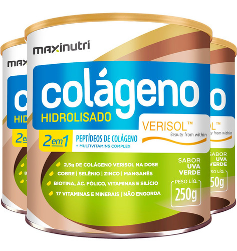 Colágeno Hidrolisado Verisol Antirrugas 3x250g Uva Verde