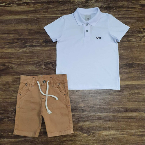 Conjunto Verão Polo Bermuda Marrom Infantil Menino Roupa