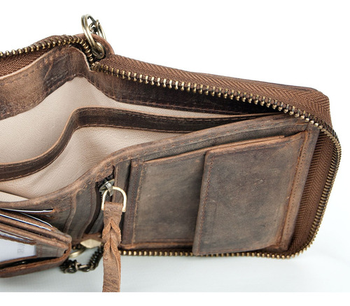 Cartera Grande De Cuero Genuino Con Cremallera Y Cadena Beig