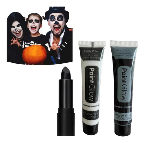 Pack Pinturas Faciales Maquillaje Halloween + Labial Negro 
