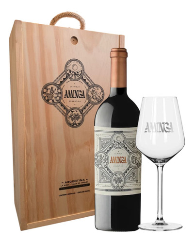 Vino Aminga Blend 750ml. + Copa. Estuche De Madera Regalo