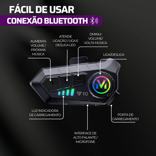 Fone Intercomunicador De Capacete Para Moto Y10 Bluetooth