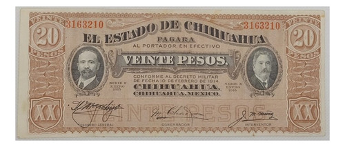 Billete De 20 Pesos Chihuahua 1915 Muy Buen Estado