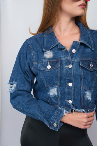 Chaqueta De Jean A La Cintura Desgastes Frontales Y Mangas N