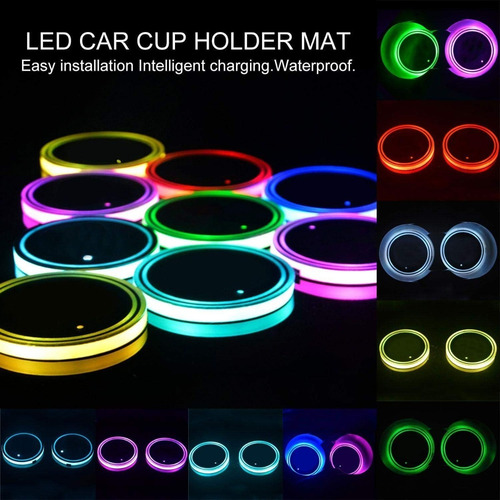 Set 2 Posavasos Luz Led Cambiante Para Autos Usb Solar