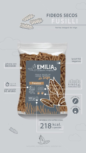 Fideos Fusilli De Trigo Integral X 500 Gr - Emilia -