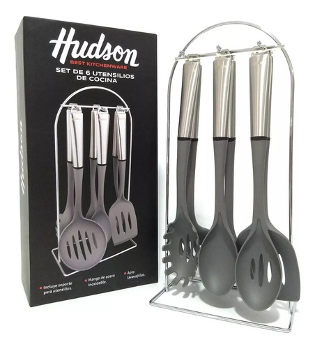 Set 6 Utensillos Hudson Original Mango Acero Con Soporte 