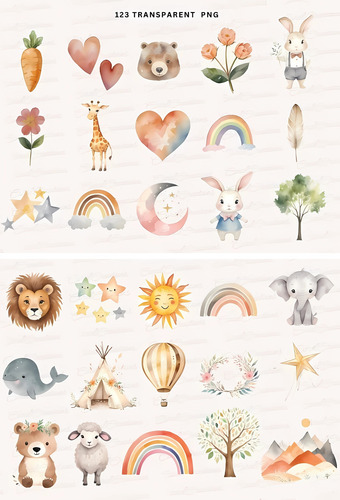Kit Imagenes Png Clipart- Animales Boho Bebe Acuarela Diseño