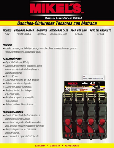 Tensores Eslingas De Carga Con Matraca 4 Piezas Mikels T-3m
