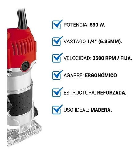 Imagen 4 de 10 de Fresadora Router 530w Rebajadora Tupi Omaha Enc 1/4'' + Guia