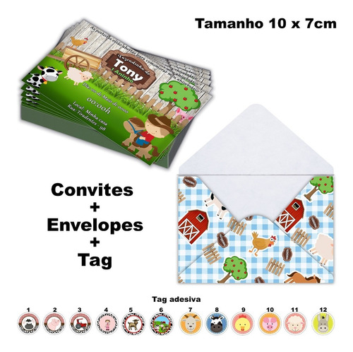 25 Convite Infantil Fazendinha Personalizado 10x7 Envelope C