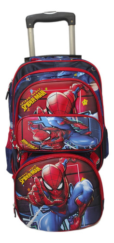 Mochila Lonchera Y Lapicera Spiderman Primaria Con Ruedas O Llantas Azul Marino
