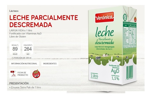 Leche Veronica Descremada Larga Vida 12u X 1lt Mataderos