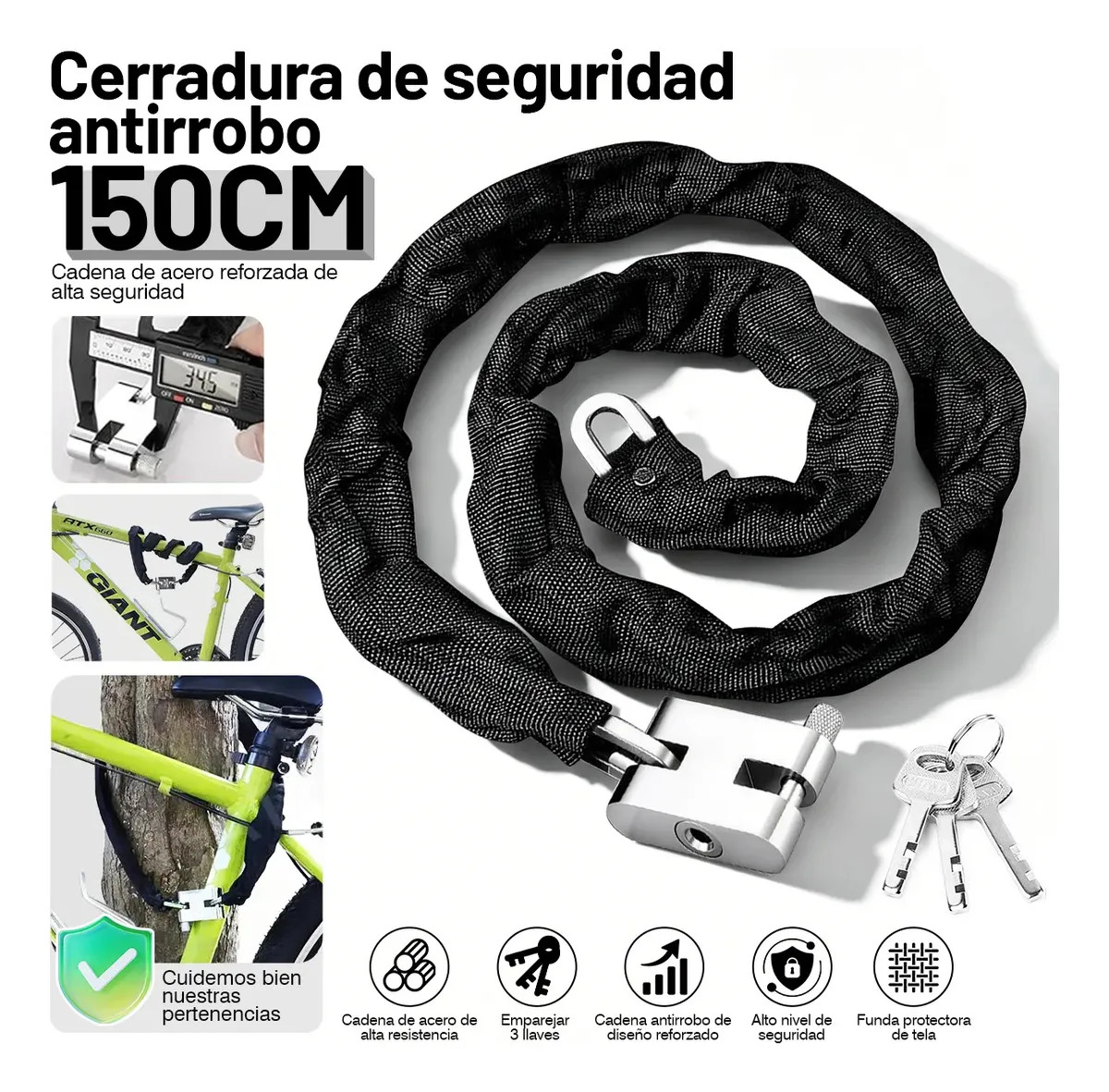 Vanance® Cerradura De Cadena Candados Moto Y Bicicleta 150cm Acero Reforzado Alta Seguridad Antirrobo Resistente Candado Motocicleta Con Recubrimiento De Tela Color Negro
