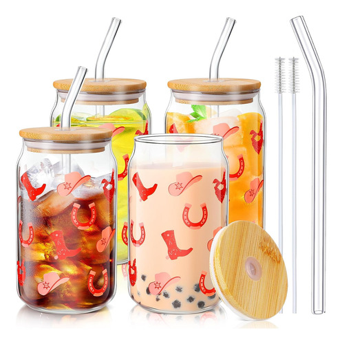 Yaomiao 4 Sets Tazas De Vidrio De Vaquera Con Tapas De Bambú