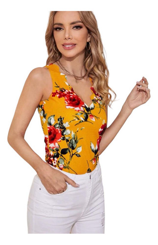 Blusa Top Recortado Amarillo Con Estampado Floral