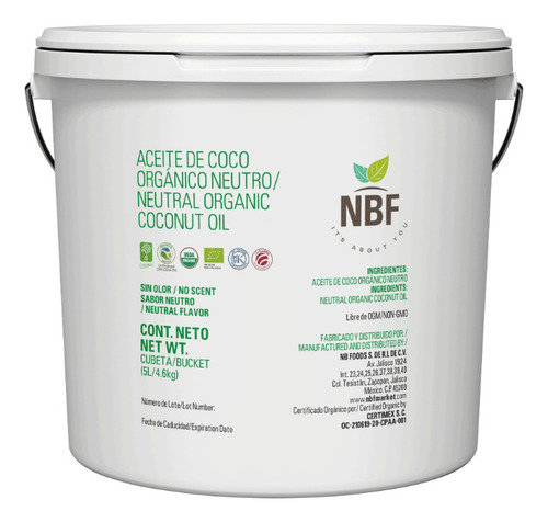 Aceite De Coco Orgánico Neutro, 5 L Prensado En Frío