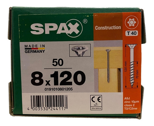 Tornillo Spax Universal 8 X 120 Media Cuerda Caja 50 Piezas