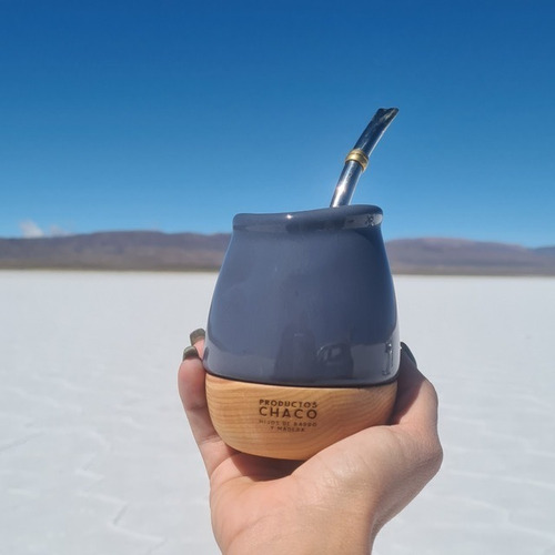 Mate Productos Chaco Porteñito De Cerámica Y Base De Madera Color Gris