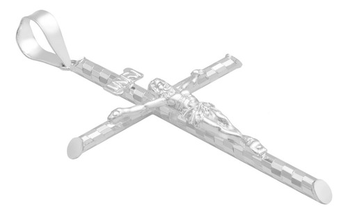 Dije Cruz Tubular Diamantado Ajedrez Cristo Plata 925 7 Cm Plateado