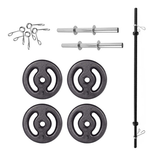 Imagem 1 de 7 de Kit Musculação Iniciante 12kg Anilhas + Barra 120 + Halteres