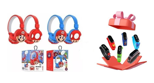 Audifonos Bluetooth Mario Bros Diadema Azul/ Roja + Regalo